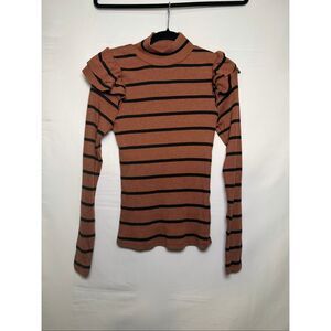 Anthropologie T.la Ruffled Striped Turtleneck Brown size Small